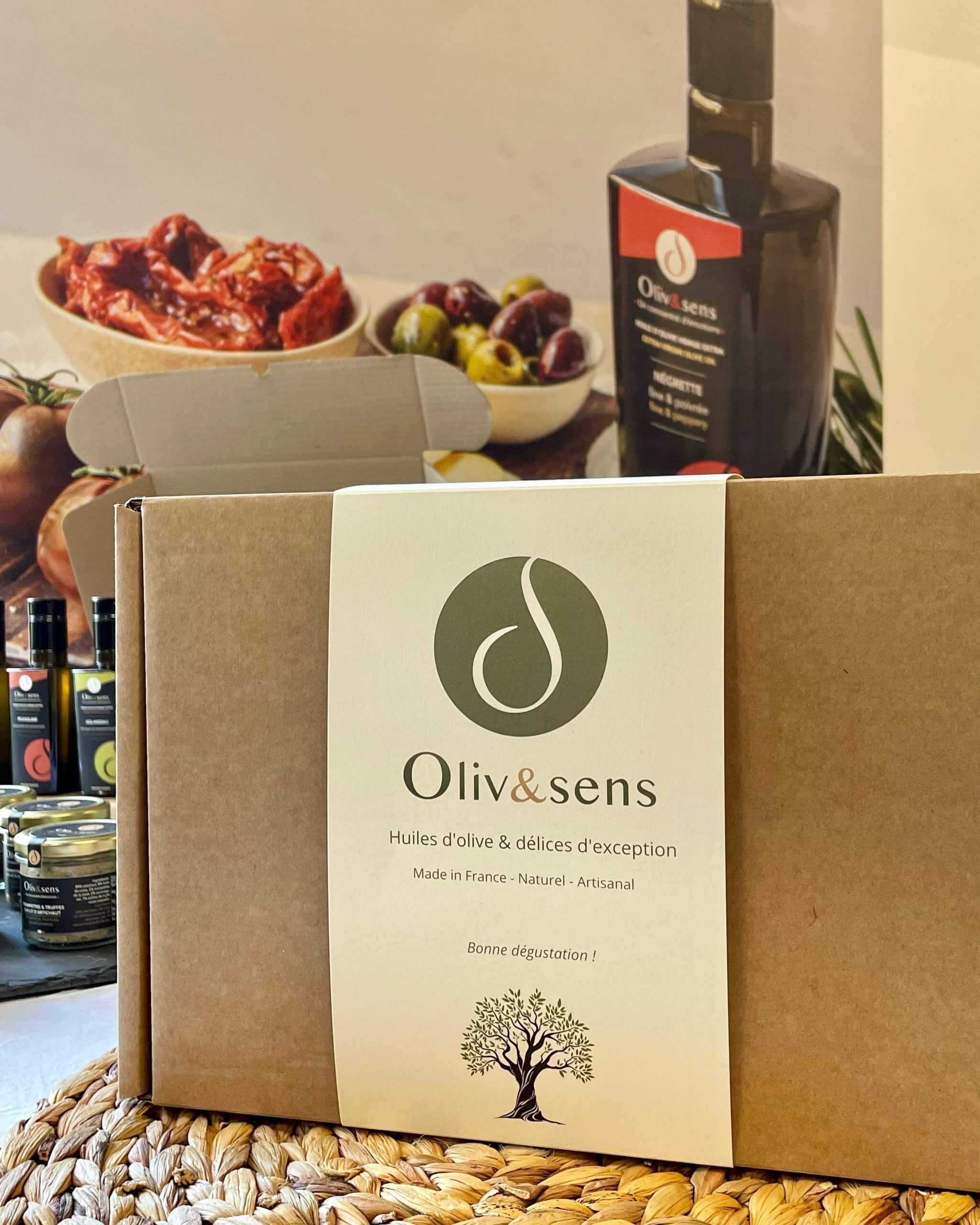 coffret cadeau Oliv&sens Olive et sens Olive & sens pour huiles d'olive et tartinades tapenades artisanales, françaises conserverie artisanale