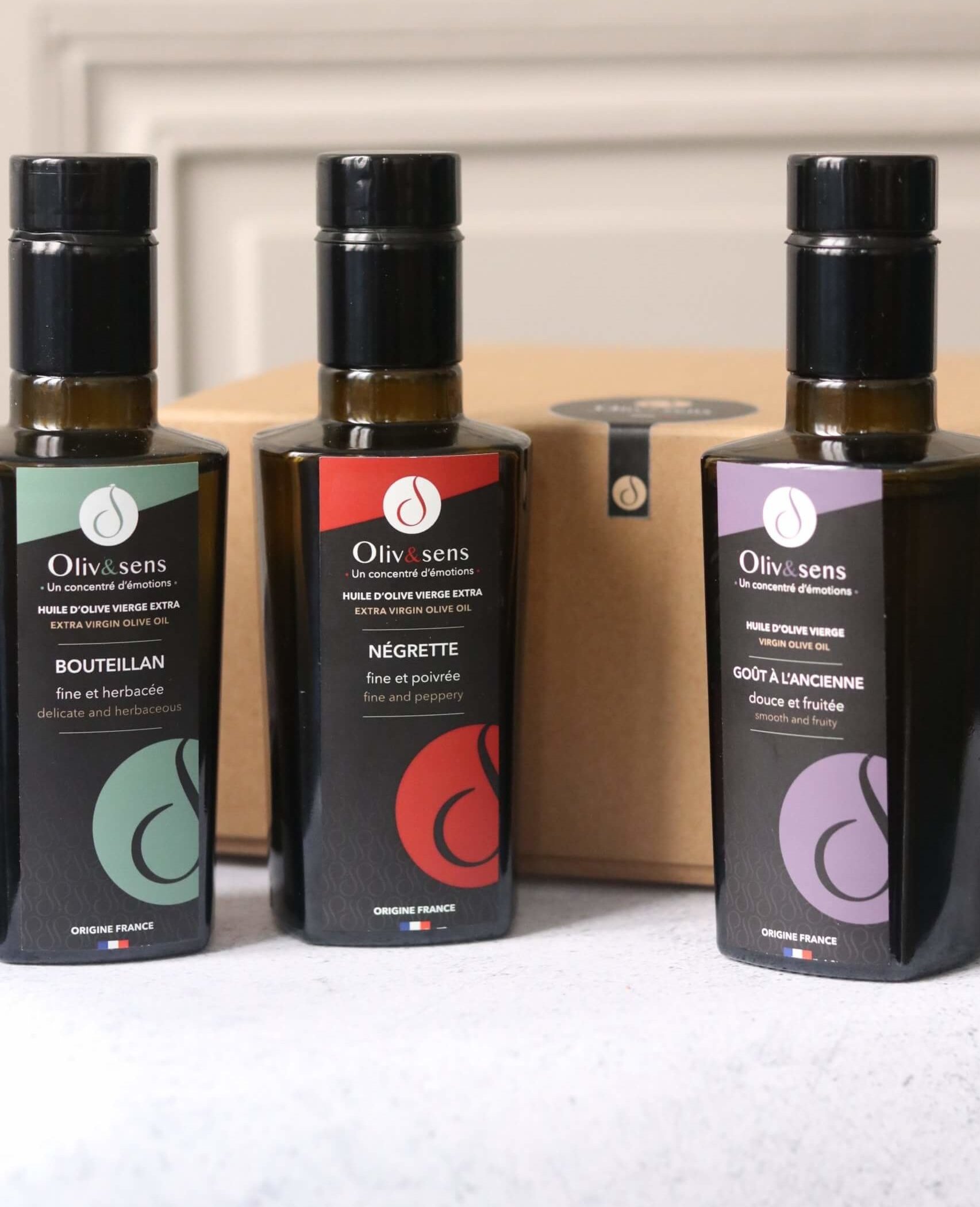 coffret cadeau huiles d'olive les 3 fruités Oliv&sens huiles d'olive vierge extra Olive et sens Olive & sens huiles d'olive françaises producteur huiles d'olive coffret cadeau gourmet